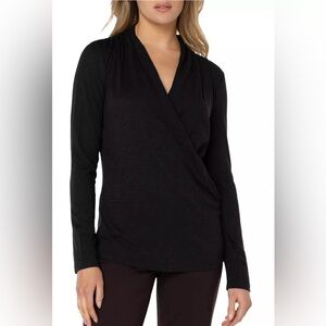 Liverpool Wrap Front Slub Knit Black Long Sleeve Top